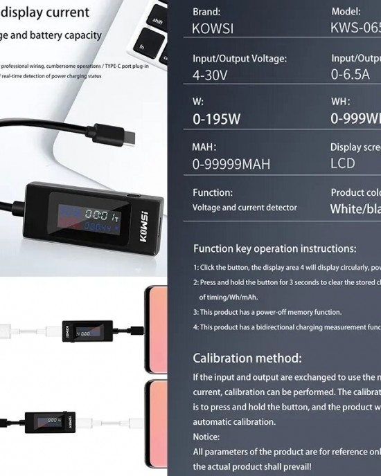 KWS  065C DC Type  C Voltage Meter Ammeter Digital Monitor Tester 4  30V Cut  off Power Indicator Bank Charger 2  directions Tester